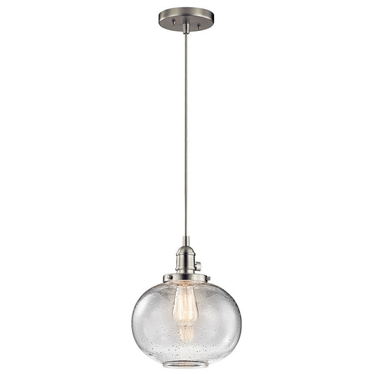 Kichler Avery Mini Pendant 1-Light | Brushed Nickel and Clear Seeded Glass | Kitchen Island & Dining Room | 9.75 x 11.25 in | Model 43852NI