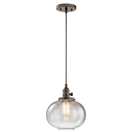 Kichler Avery 10in 1-Light Mini Pendant | Transitional Olde Bronze and Clear Seeded Glass | Kitchen Island & Dining Room | Model 43852OZ
