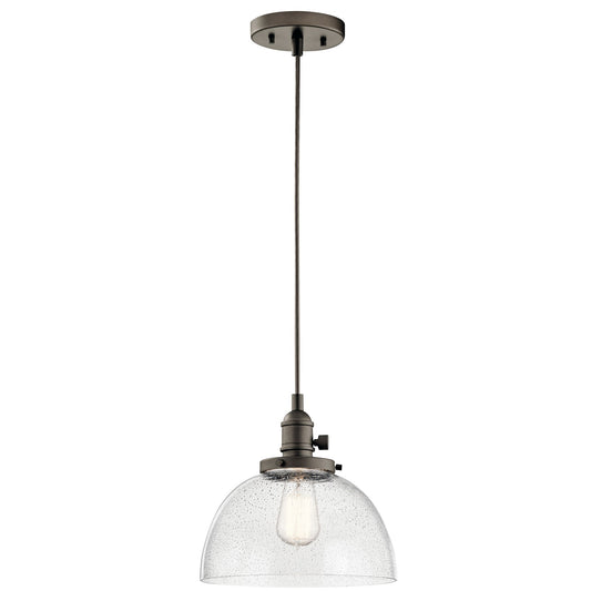 Kichler Avery 10in 1-Light Mini Pendant | Transitional Olde Bronze and Clear Seeded Glass | Kitchen Island & Dining Room | Model 43853OZ