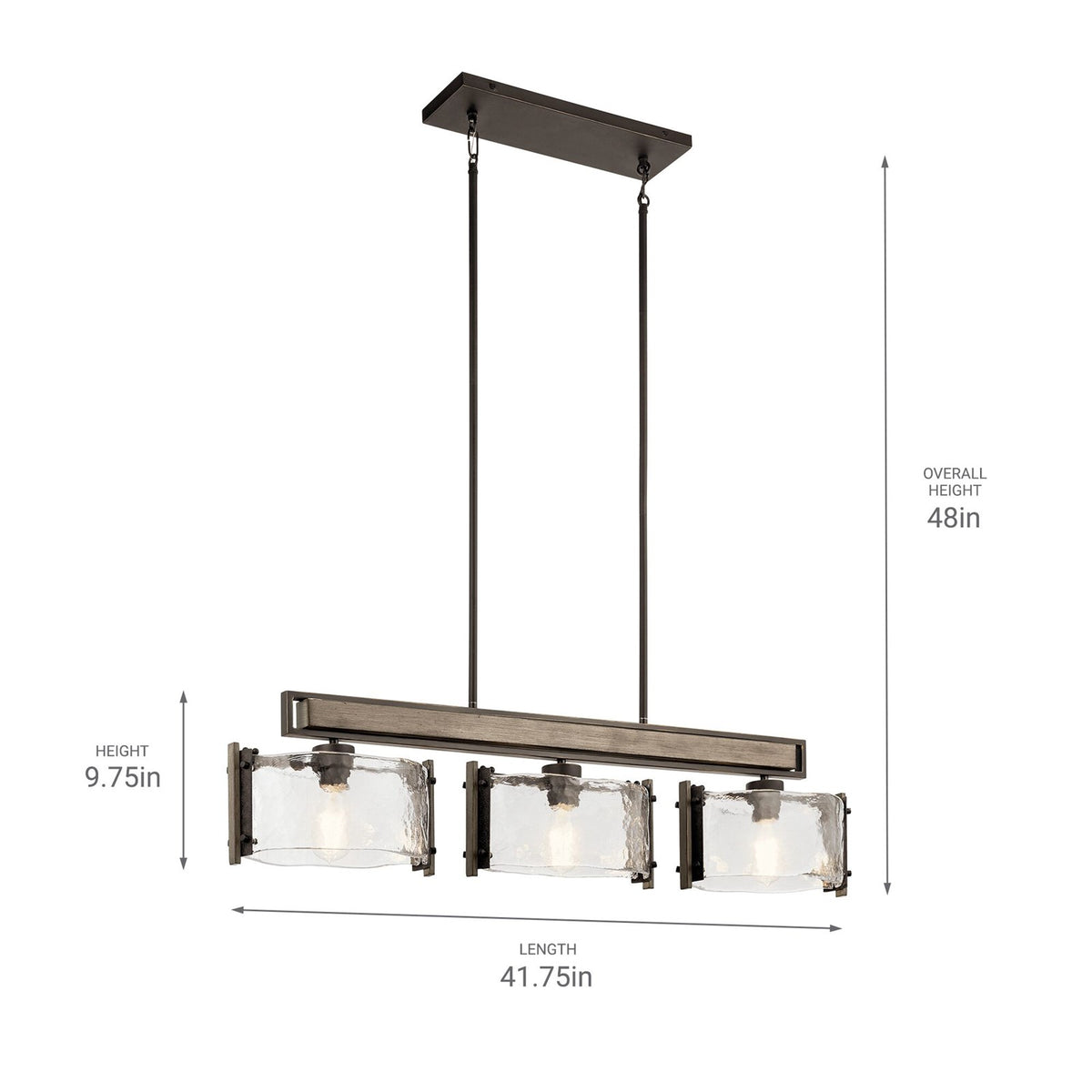 Kichler Aberdeen 42in 3-Light Linear Chandelier | Rustic Olde Bronze and Piastra Glass | Dining Room & Living Room | Model 43896OZ