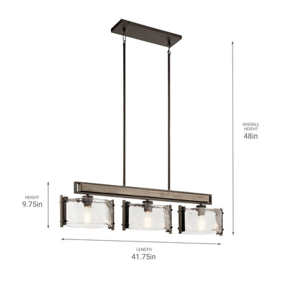 Kichler Aberdeen 42in 3-Light Linear Chandelier | Rustic Olde Bronze and Piastra Glass | Dining Room & Living Room | Model 43896OZ