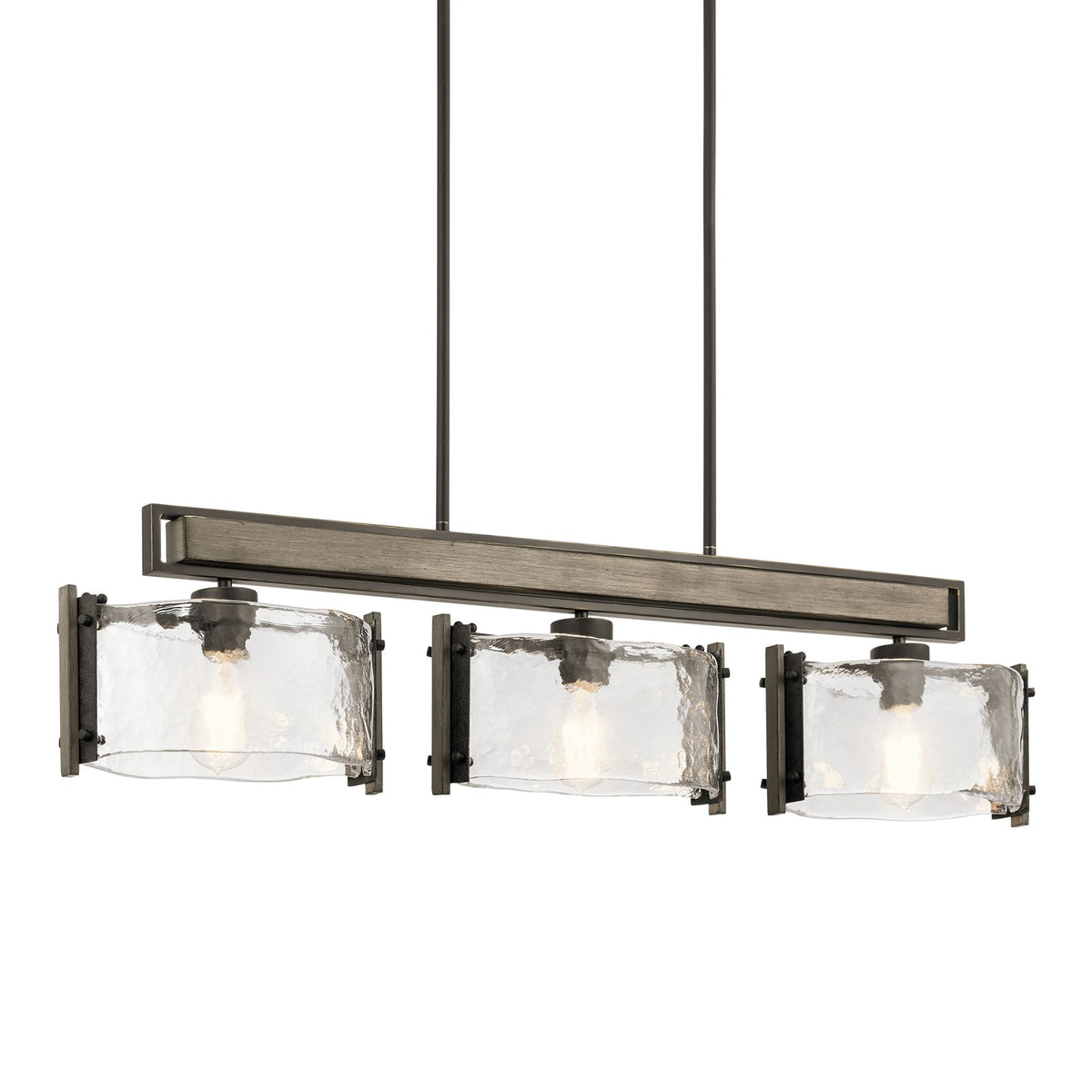 Kichler Aberdeen 42in 3-Light Linear Chandelier | Rustic Olde Bronze and Piastra Glass | Dining Room & Living Room | Model 43896OZ
