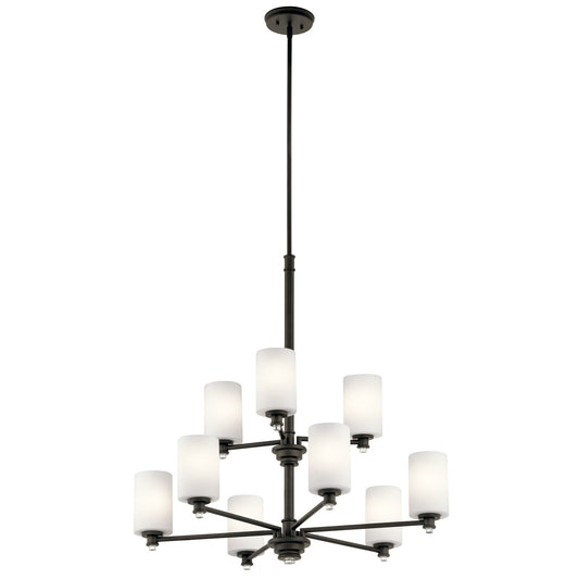 Kichler Joelson 32in 9-Light Chandelier | Transitional Olde Bronze and Satin Etched Cased Opal Glass | Dining Room & Living Room | Model 43924OZ