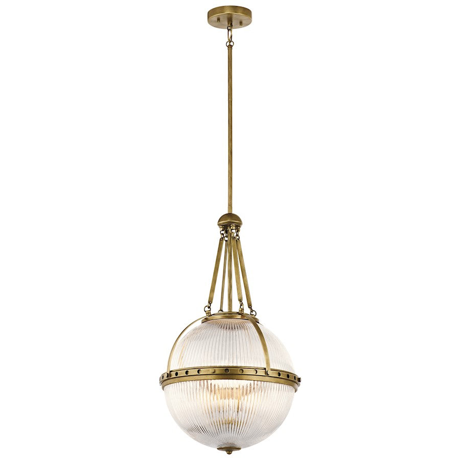 Kichler Aster 15in 3-Light Pendant | Transitional Natural Brass and Clear Ribbed Halophane Glass | Kitchen Island & Dining Room | Model 43968NBR