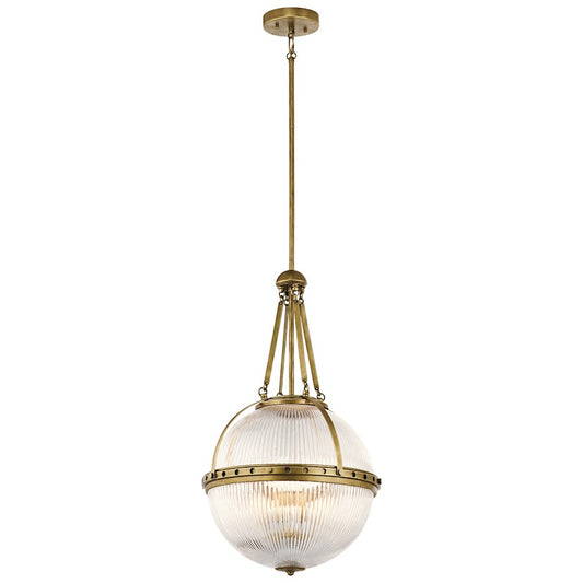 Kichler Aster 15in 3-Light Pendant | Transitional Natural Brass and Clear Ribbed Halophane Glass | Kitchen Island & Dining Room | Model 43968NBR