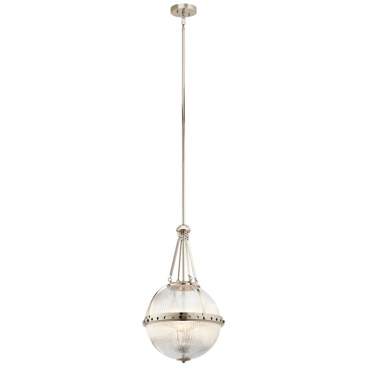 Kichler Aster 15in 3-Light Pendant | Transitional Polished Nickel and Clear Ribbed Halophane Glass | Kitchen Island & Dining Room | Model 43968PN