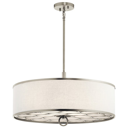 Kichler Melrose 24in 4-Light Pendant | Transitional Brushed Nickel and White Fabric Shade | Dining Room & Living Room | Model 43988NI