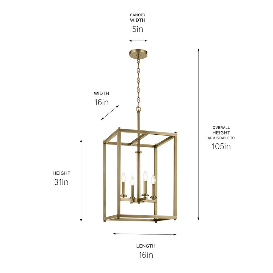 4 Light Square 31" Foyer Pendant, Natural Brass