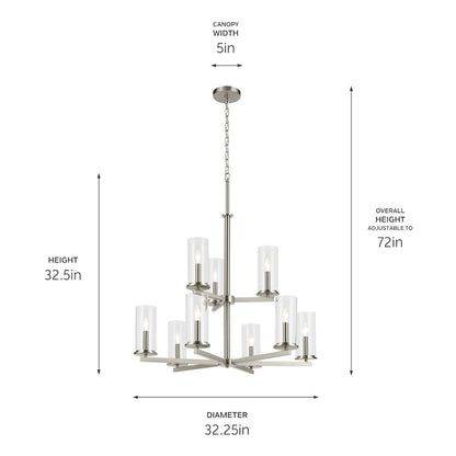 9 Light 32.5" Large Chandelier, Nickel