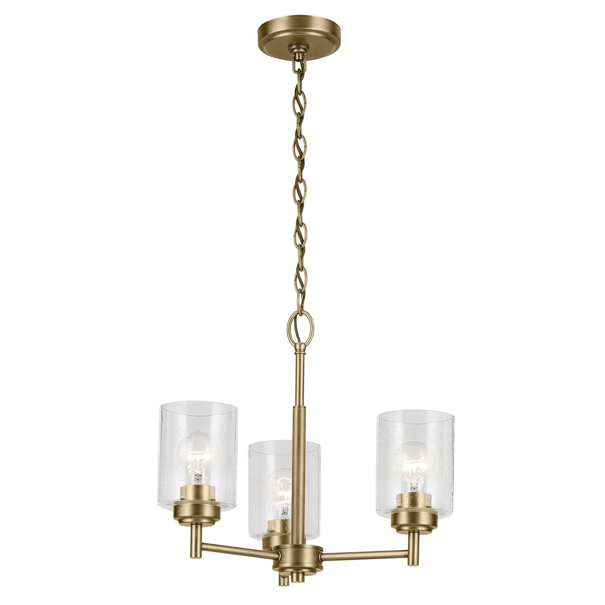 Kichler Winslow 18in 3-Light Mini Chandelier | Industrial Natural Brass and Clear Seeded Glass | Kitchen Island & Dining Nook | Model 44029NBR