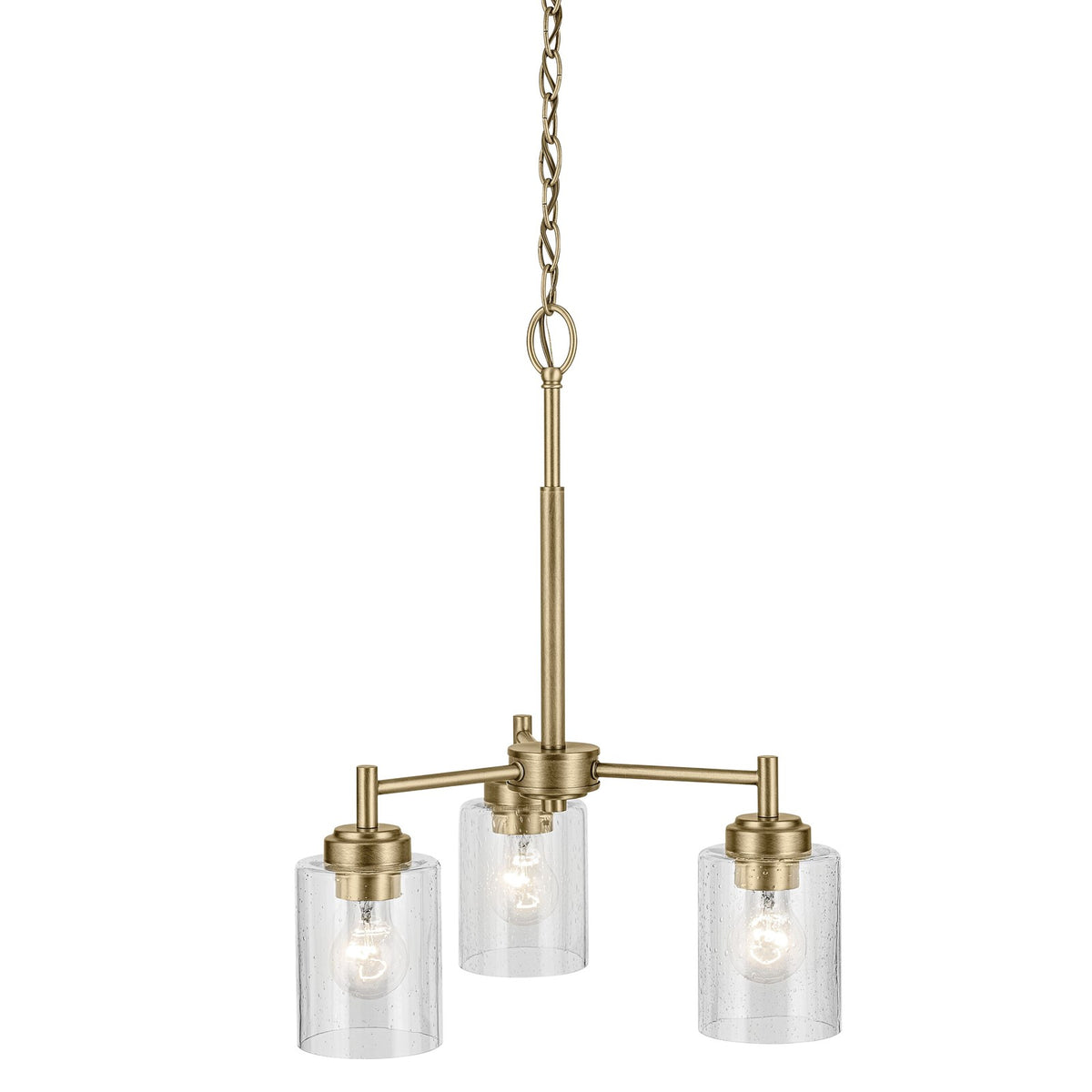 Kichler Winslow 18in 3-Light Mini Chandelier | Industrial Natural Brass and Clear Seeded Glass | Kitchen Island & Dining Nook | Model 44029NBR
