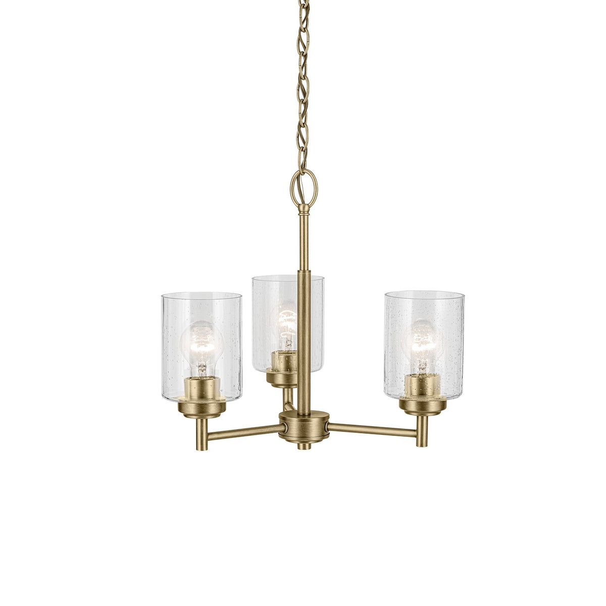 Kichler Winslow 18in 3-Light Mini Chandelier | Industrial Natural Brass and Clear Seeded Glass | Kitchen Island & Dining Nook | Model 44029NBR