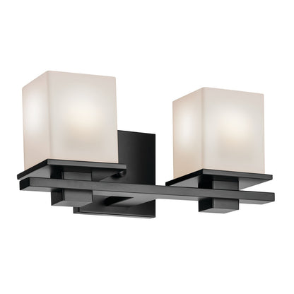 Kichler Tully 15in 2-Light Bathroom Vanity Light | Black Steel and Satin Etched Opal Glass | Bathroom Vanity | 15 x 6.75 x 6.5 in | Model 45150BK