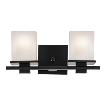 Kichler Tully 15in 2-Light Bathroom Vanity Light | Black Steel and Satin Etched Opal Glass | Bathroom Vanity | 15 x 6.75 x 6.5 in | Model 45150BK