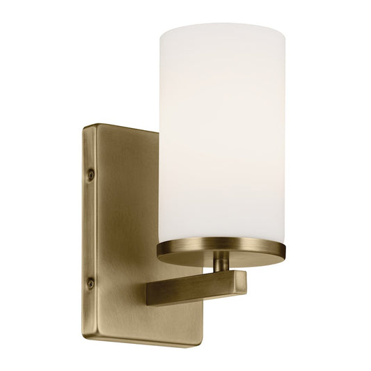 Kichler Crosby 1Lt Cylinder 9.25" Sconce, Brass/Etched Cased Opal - 45495NBR