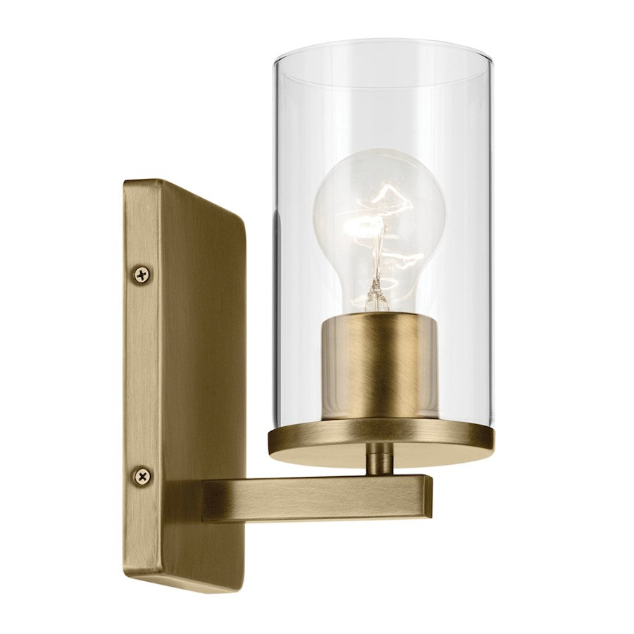 Crosby 1 Light Cylinder 9.25" Wall Sconce, Brass/Clear