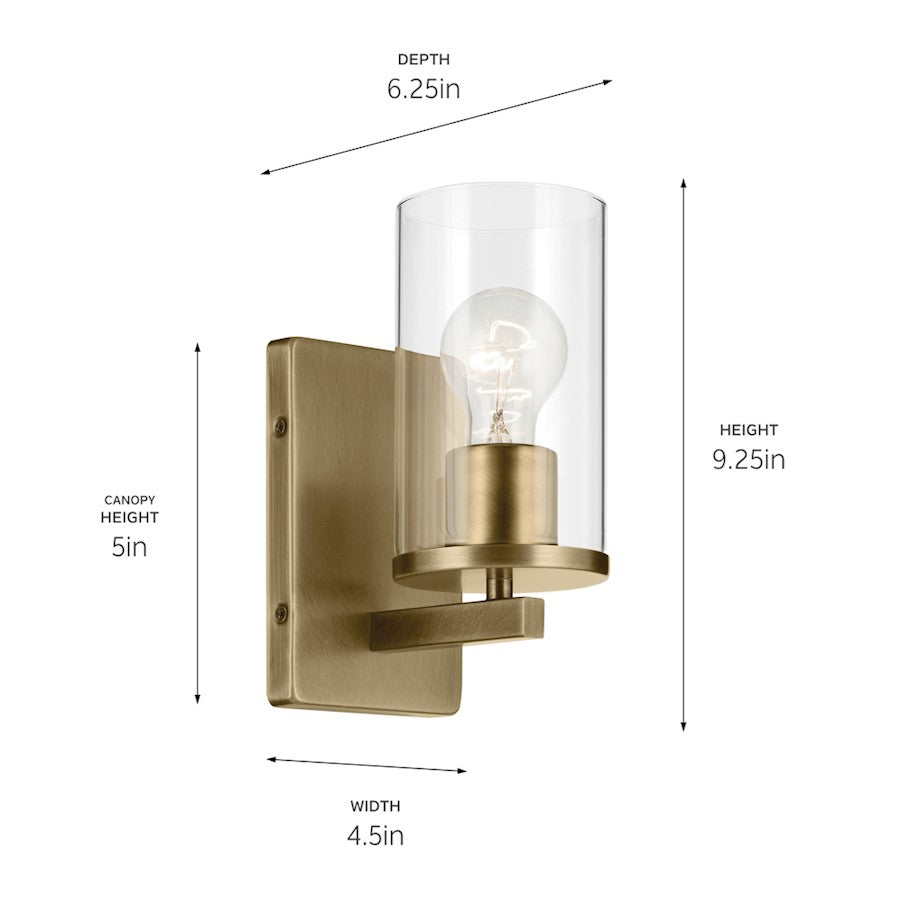 Crosby 1 Light Cylinder 9.25" Wall Sconce, Brass/Clear