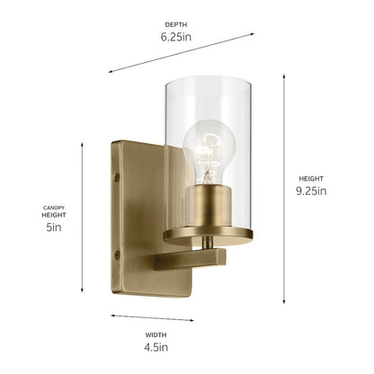 Crosby 1 Light Cylinder 9.25" Wall Sconce, Brass/Clear