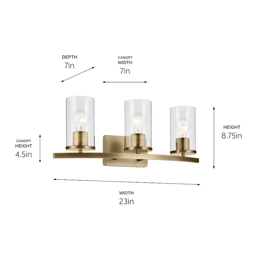 3 Light Linear 8.75" Bathroom Vanity Light, Brass