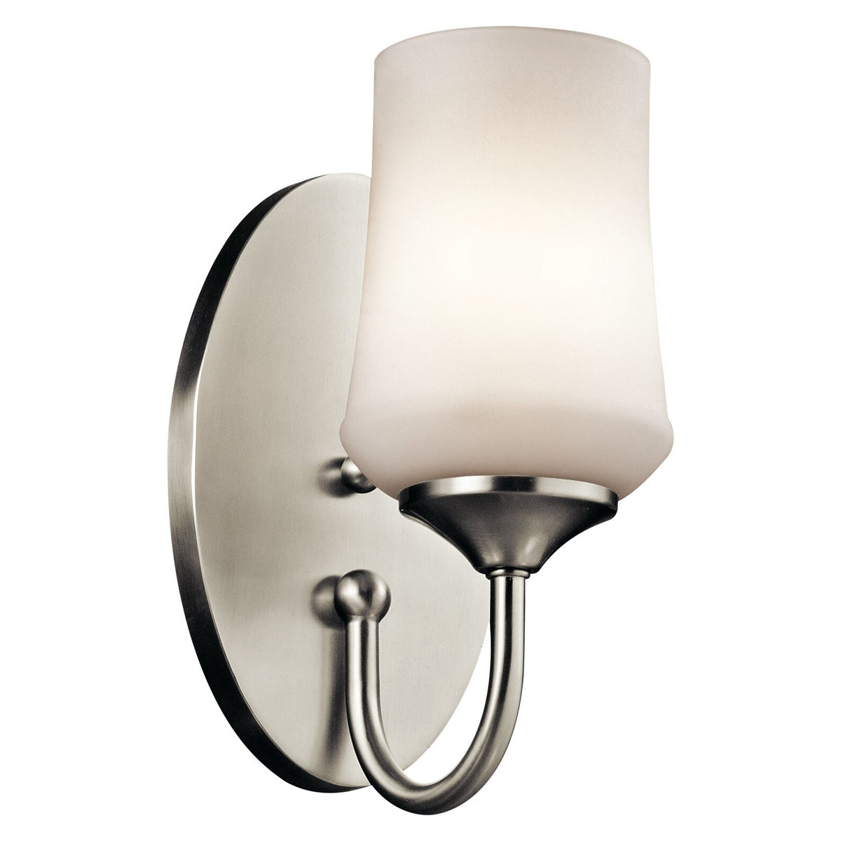 Kichler Aubrey 1-Light Wall Sconce | Transitional Brushed Nickel and Satin Etched Opal Glass | Hallway & Bathroom Vanity | Model 45568NI