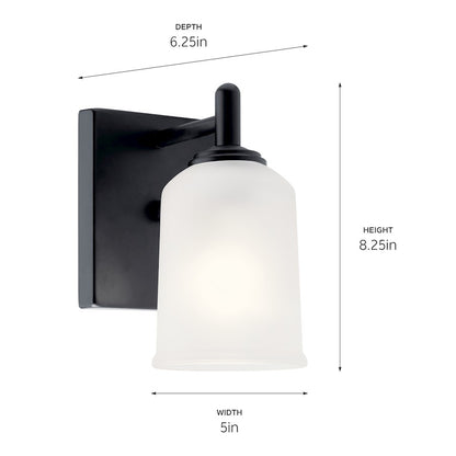 Kichler Shailene 8.25in 1-Light Wall Sconce | Modern Black Steel and Satin Etched Glass | Hallway & Bedroom Accent | 5 x 6.25 x 8.25 in | Model 45572BK
