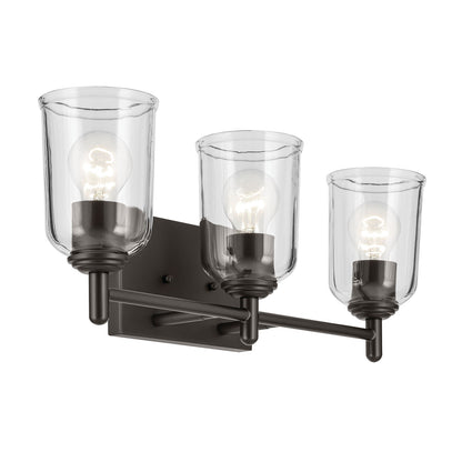 Kichler Shailene 3-Light Linear Vanity Light | Traditional Olde Bronze Steel and Clear Glass | Bathroom Vanity & Dressing Area | Model 45574OZCLR