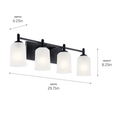 Kichler Shailene 29.5in 4-Light Vanity Light | Modern Black Steel & Satin Etched Glass | Bathroom Damp-Rated Vanity Light | 4x100W | Model 45575BK