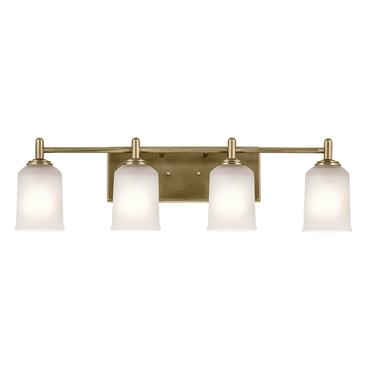 Kichler Shailene 30in 4-Light Bathroom Vanity | Traditional Natural Brass and Clear Satin Etched Glass | Bathroom Vanity Light | Model 45575NBR