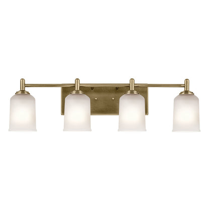 Kichler Shailene 30in 4-Light Bathroom Vanity | Traditional Natural Brass and Clear Satin Etched Glass | Bathroom Vanity Light | Model 45575NBR