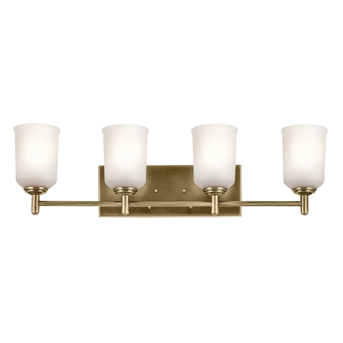 Kichler Shailene 30in 4-Light Bathroom Vanity | Traditional Natural Brass and Clear Satin Etched Glass | Bathroom Vanity Light | Model 45575NBR