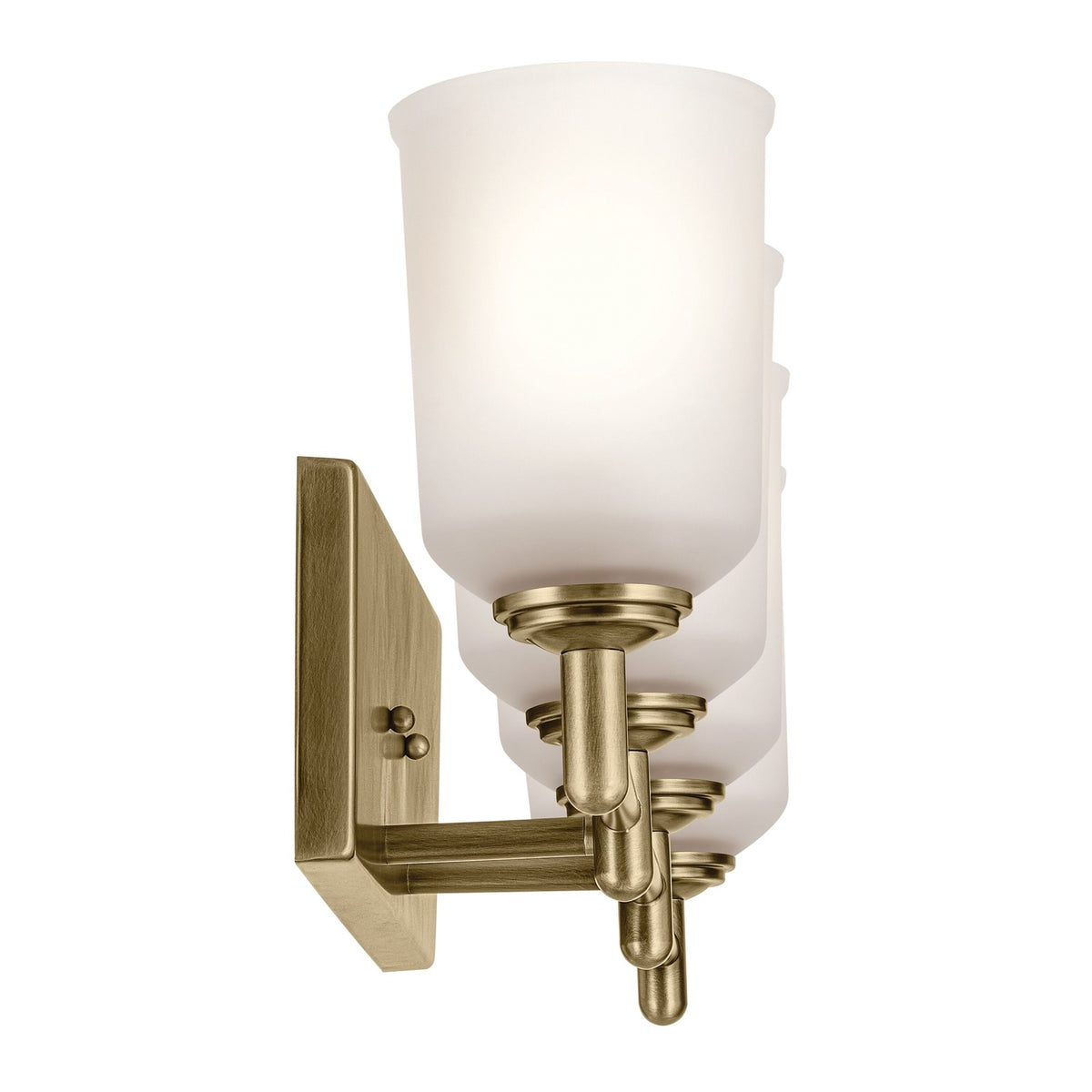 Kichler Shailene 30in 4-Light Bathroom Vanity | Traditional Natural Brass and Clear Satin Etched Glass | Bathroom Vanity Light | Model 45575NBR