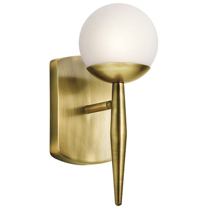 Kichler Jasper 1-Light Wall Sconce | Mid-Century Modern Natural Brass and Satin Etched Opal Glass | Hallway & Bedroom Accent | Model 45580NBR