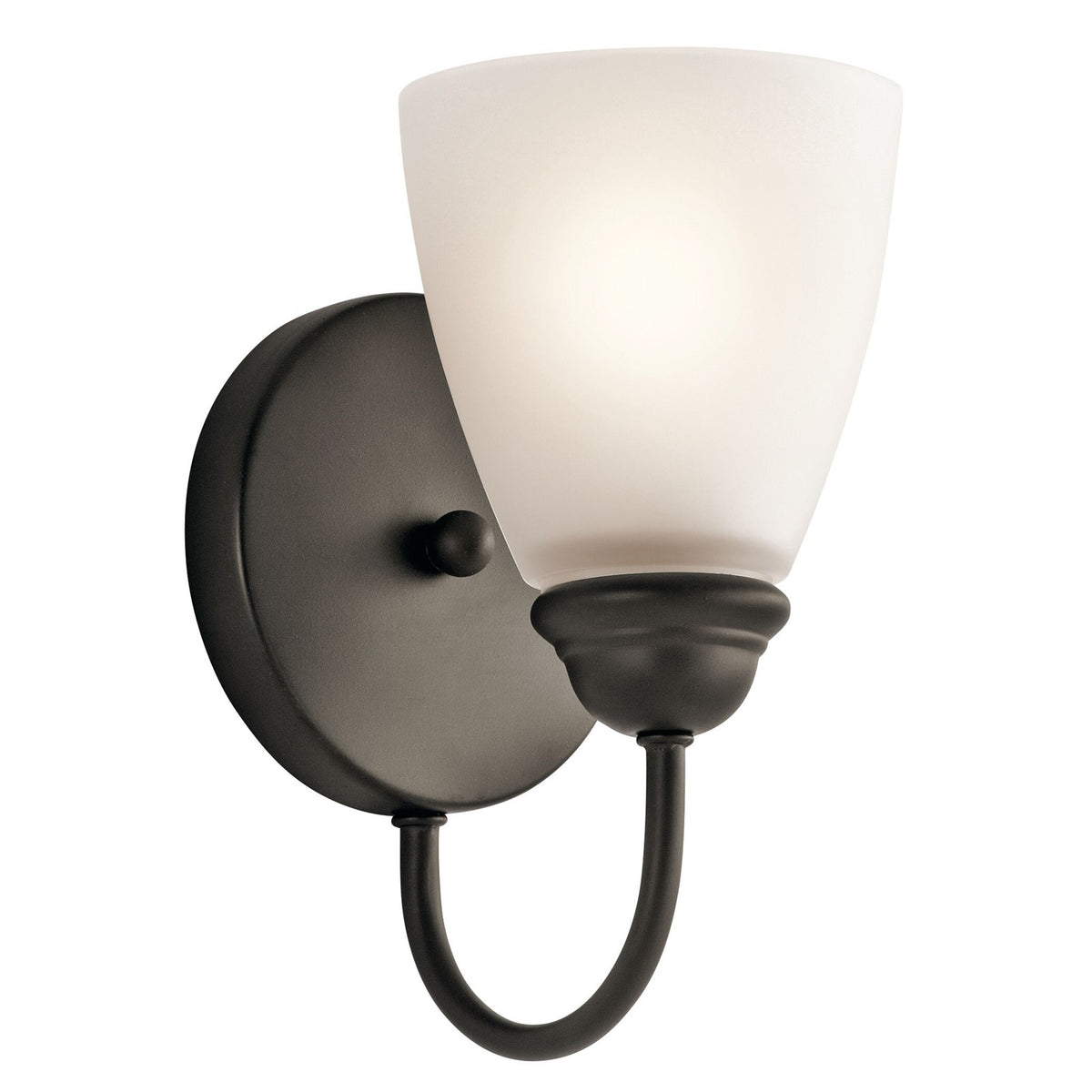 Kichler Jolie 1-Light Wall Sconce | Transitional Olde Bronze and Satin Etched Glass | Bedroom & Hallway | 5 x 9 in | Model 45637OZ