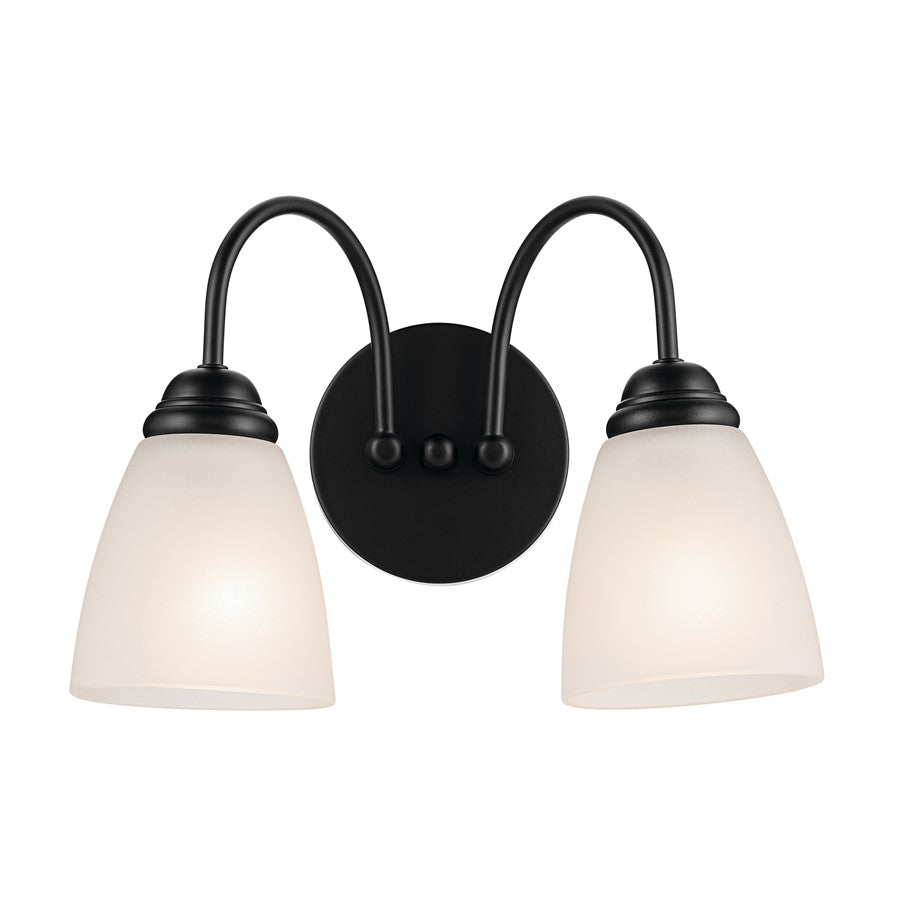 Kichler Jolie 13in 2-Light Vanity Light | Traditional Black Steel & Clear Satin Etched Glass | Bathroom Vanity & Powder Room Lighting | Model 45638BK