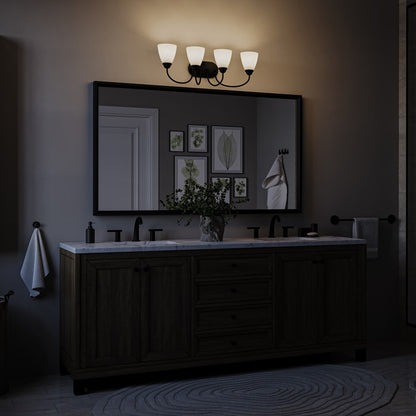 Kichler Jolie 28in 4-Light Bath Vanity | Traditional Black Steel & Satin Etched Opal Glass | Bathroom & Bedroom Vanity Light | 4 Bulbs | Model 45640BK