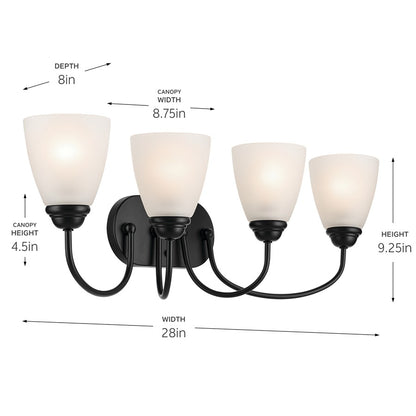 Kichler Jolie 28in 4-Light Bath Vanity | Traditional Black Steel & Satin Etched Opal Glass | Bathroom & Bedroom Vanity Light | 4 Bulbs | Model 45640BK