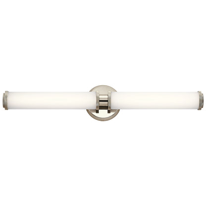 Kichler Indeco 27in 1-Light Linear Bath Vanity | Transitional Polished Nickel and Satin Etched White Glass | Bathroom & Hallway | Model 45685PNLED