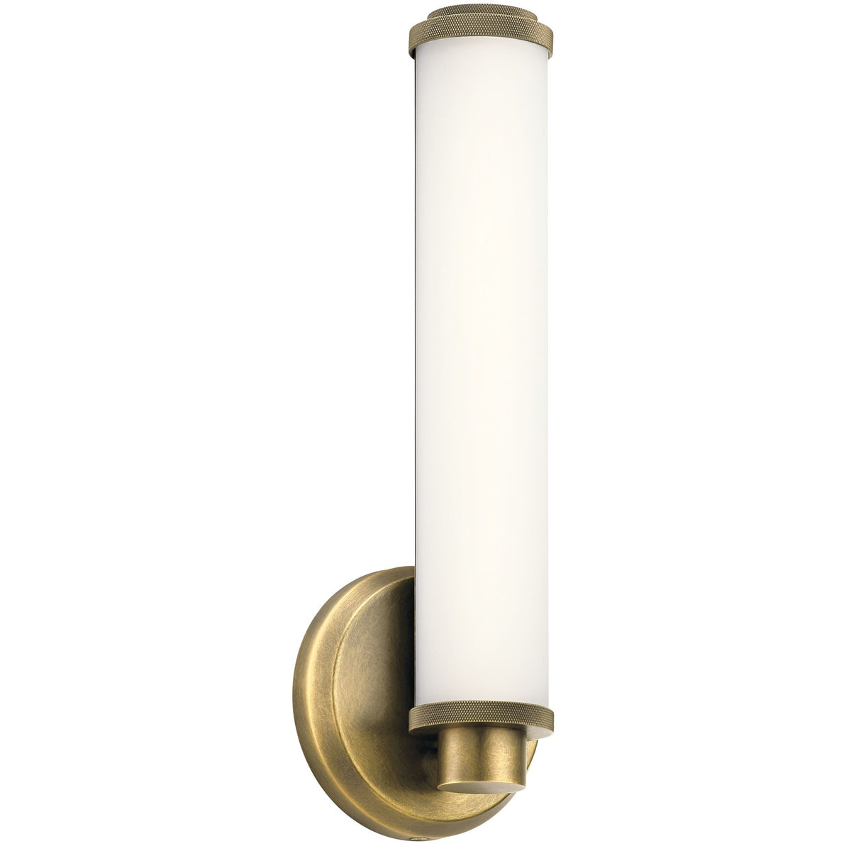 Kichler Indeco 14.5in 1-Light Wall Sconce | Industrial Natural Brass and Satin Etched White Glass | Hallway & Dining Room | Model 45686NBRLED