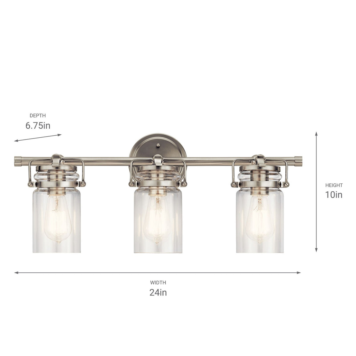 Kichler Brinley 24in 3-Light Bath Vanity Light | Rustic Brushed Nickel | Bathroom Vanity | 24 x 6.5 x 10 in | Model 45689NI