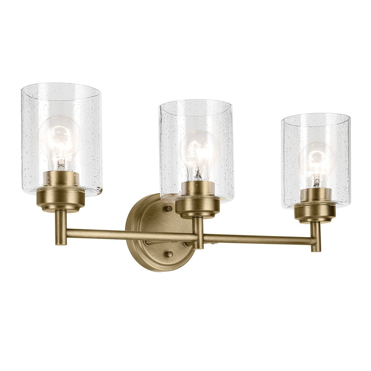 Kichler Winslow 21in 3-Light Vanity Light | Industrial Natural Brass and Clear Seeded Glass | Bathroom & Powder Room | Model 45886NBR