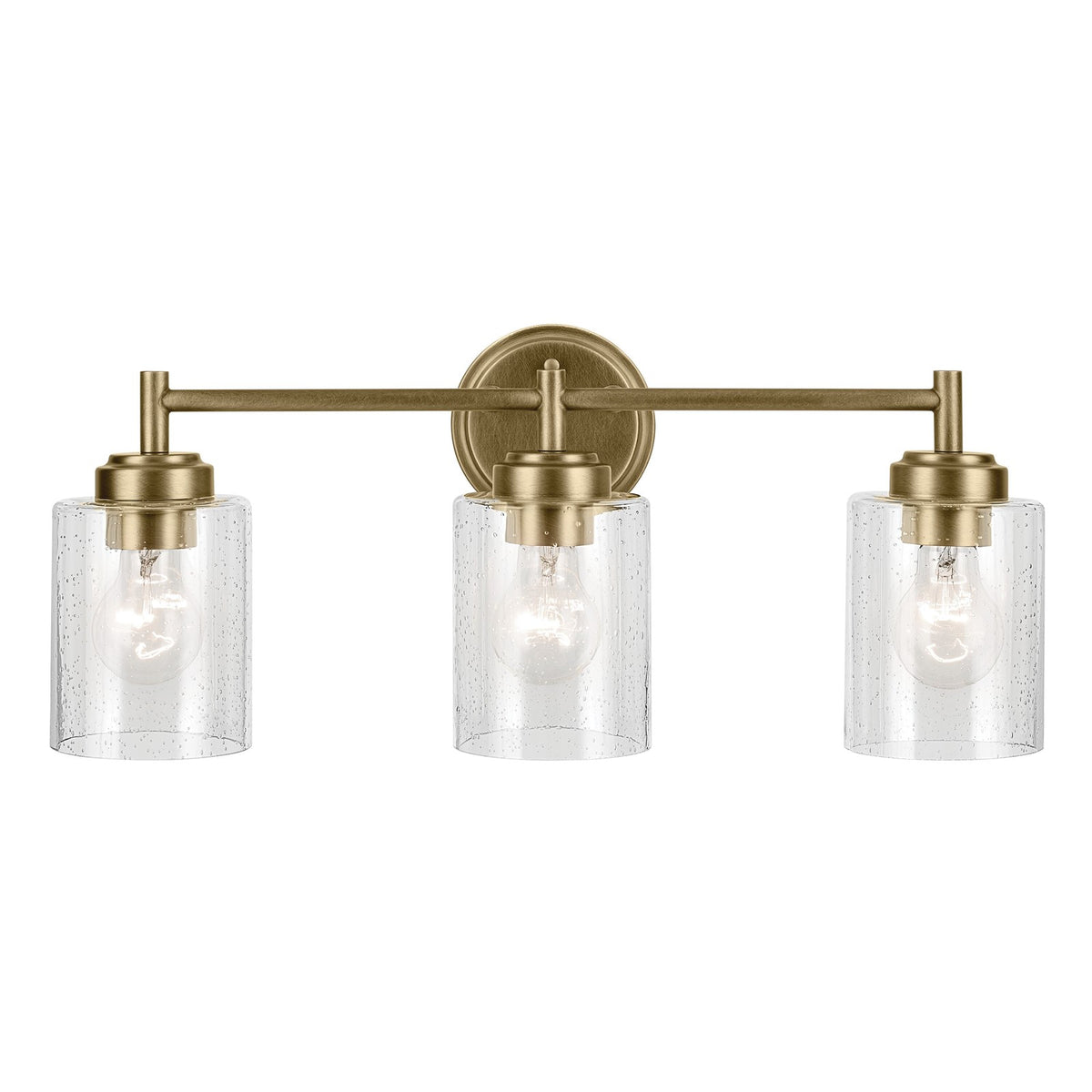 Kichler Winslow 21in 3-Light Vanity Light | Industrial Natural Brass and Clear Seeded Glass | Bathroom & Powder Room | Model 45886NBR