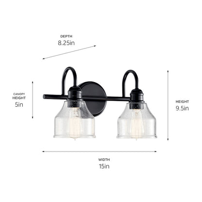 Kichler Avery 15in 2-Light Vanity Light | Industrial Black Steel & Clear Seeded Glass | Bathroom Vanity Light | 75W Each, E26, Dimmable | Model 45972BK