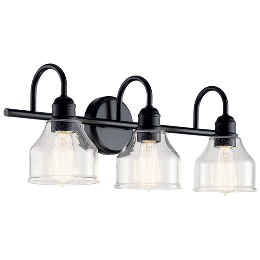 Kichler Avery 24in 3-Light Vanity Light | Industrial Black and Clear Seeded Glass | Bathroom Vanity & Powder Room | 24 x 9.5 x 8.25 in | Model 45973BK