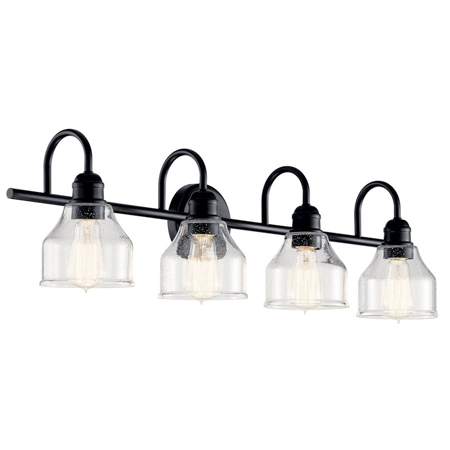 Kichler Avery 33.5in 4-Light Vanity Light | Industrial Black & Clear Seeded Glass | Bathroom Vanity Lighting | 60W Max per Socket, Dimmable | Model 45974BK