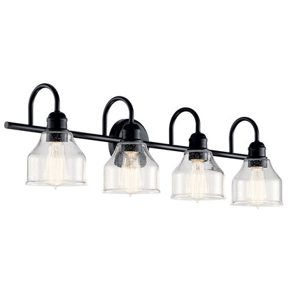 Kichler Avery 33.5in 4-Light Vanity Light | Industrial Black & Clear Seeded Glass | Bathroom Vanity Lighting | 60W Max per Socket, Dimmable | Model 45974BK
