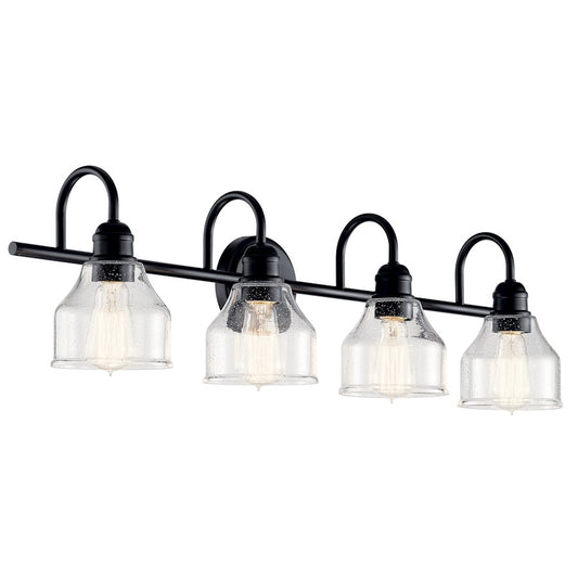 Kichler Avery 33.5in 4-Light Vanity Light | Industrial Black & Clear Seeded Glass | Bathroom Vanity Lighting | 60W Max per Socket, Dimmable | Model 45974BK