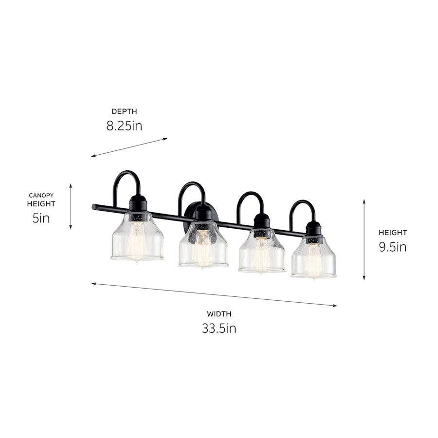Kichler Avery 33.5in 4-Light Vanity Light | Industrial Black & Clear Seeded Glass | Bathroom Vanity Lighting | 60W Max per Socket, Dimmable | Model 45974BK