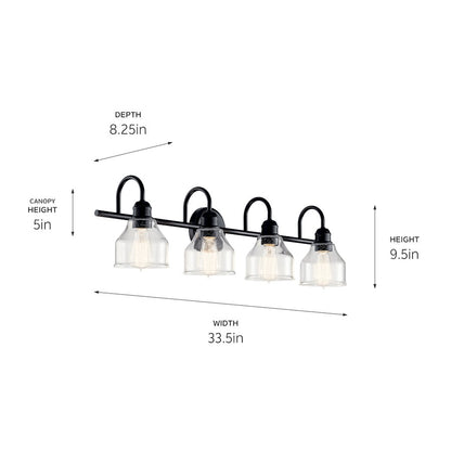 Kichler Avery 33.5in 4-Light Vanity Light | Industrial Black & Clear Seeded Glass | Bathroom Vanity Lighting | 60W Max per Socket, Dimmable | Model 45974BK