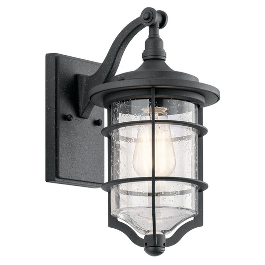 Kichler Royal Marine 7in 1-Light Outdoor Wall Sconce | Transitional Distressed Black and Clear Seeded Glass | Covered Patio | Model 49126DBK