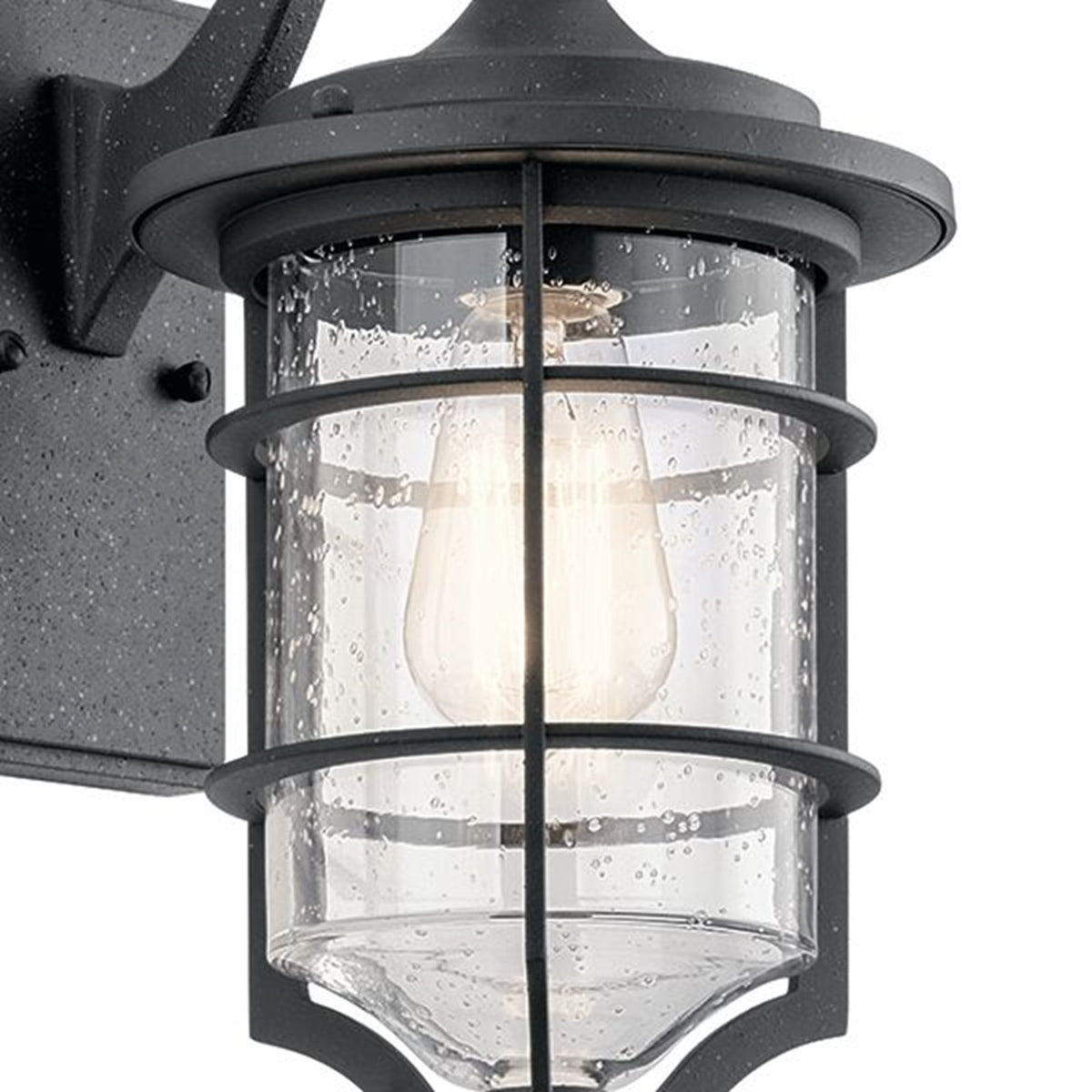 Kichler Royal Marine 7in 1-Light Outdoor Wall Sconce | Transitional Distressed Black and Clear Seeded Glass | Covered Patio | Model 49126DBK